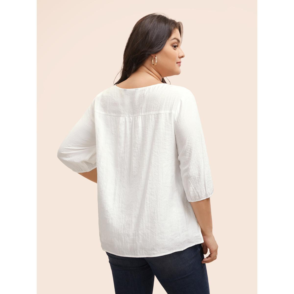 Plus Size WhiteSmoke Crew Neck Floral Embroidered Gathered Blouse Women Elegant Elbow-length sleeve Round Neck Everyday Blouses BloomChic 22-24/3X Product Image
