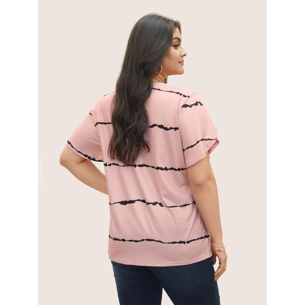 Plus Size Striped Contrast Petal Sleeve T-shirt Crepe Women Elegant Striped Everyday T-shirts BloomChic 22-24/3X Product Image