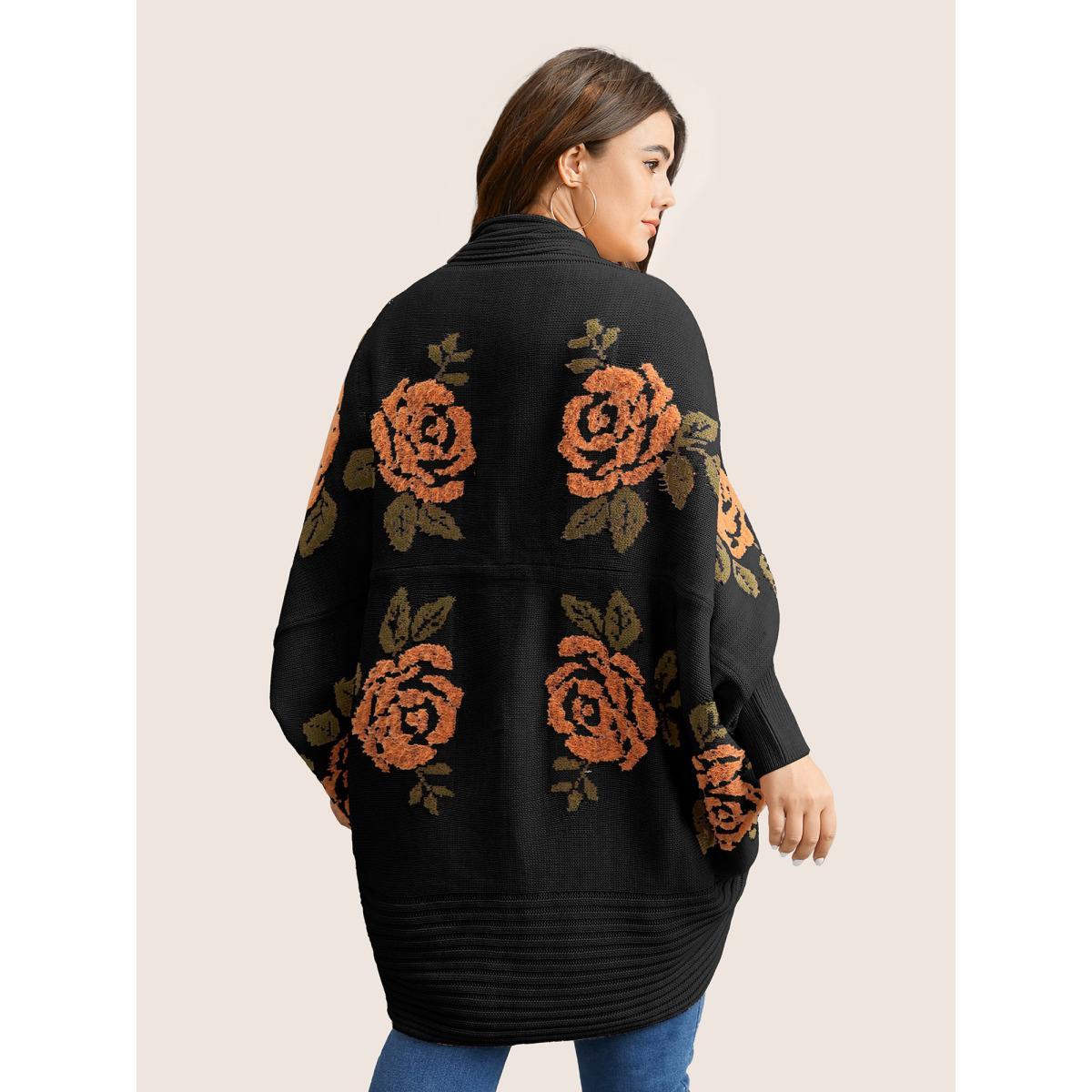 Plus Size Floral Jacquard Batwing Sleeve Open Front Cardigan Black Women Elegant Long Sleeve Everyday Cardigans BloomChic 14-16/1X Product Image