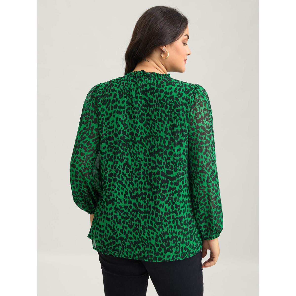 Plus Size DarkGreen Leopard Print Tie Knot Lantern Sleeve Blouse Women Elegant Long Sleeve V-neck Everyday Blouses BloomChic 30/6X Product Image