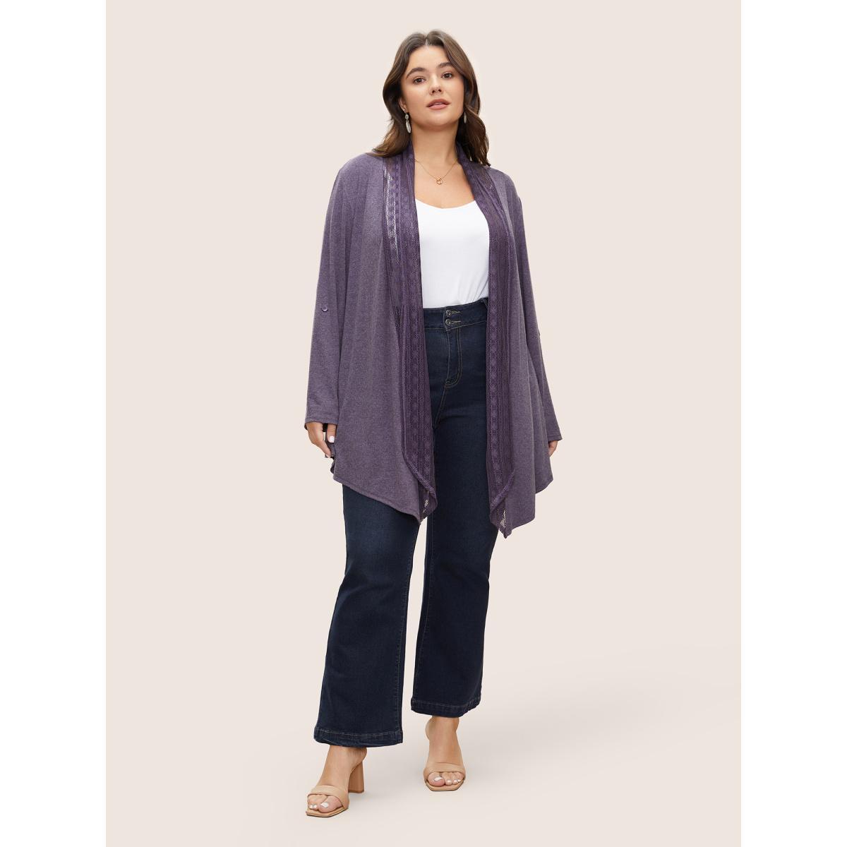 Plus Size Lace Panel Roll Tab Sleeve Open Front Kimono Women Mauve Elegant Woven ribbon&lace trim Everyday Kimonos BloomChic 28/5X Product Image