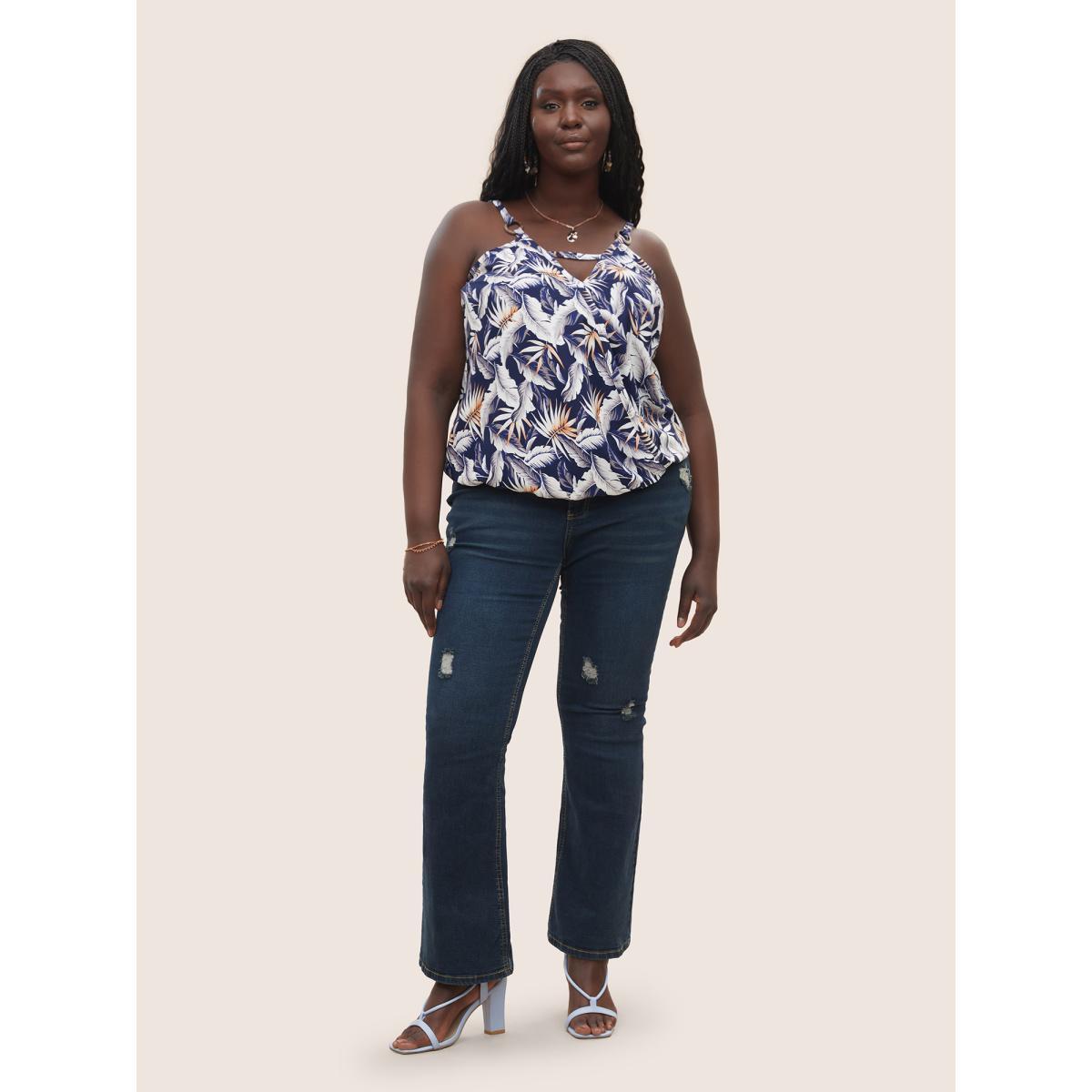 Plus Size Tropical Print Wrap Cut Out Cami Top Women Indigo Resort Overlapping Notched collar Vacation Tank Tops Camis BloomChic 12/L Product Image