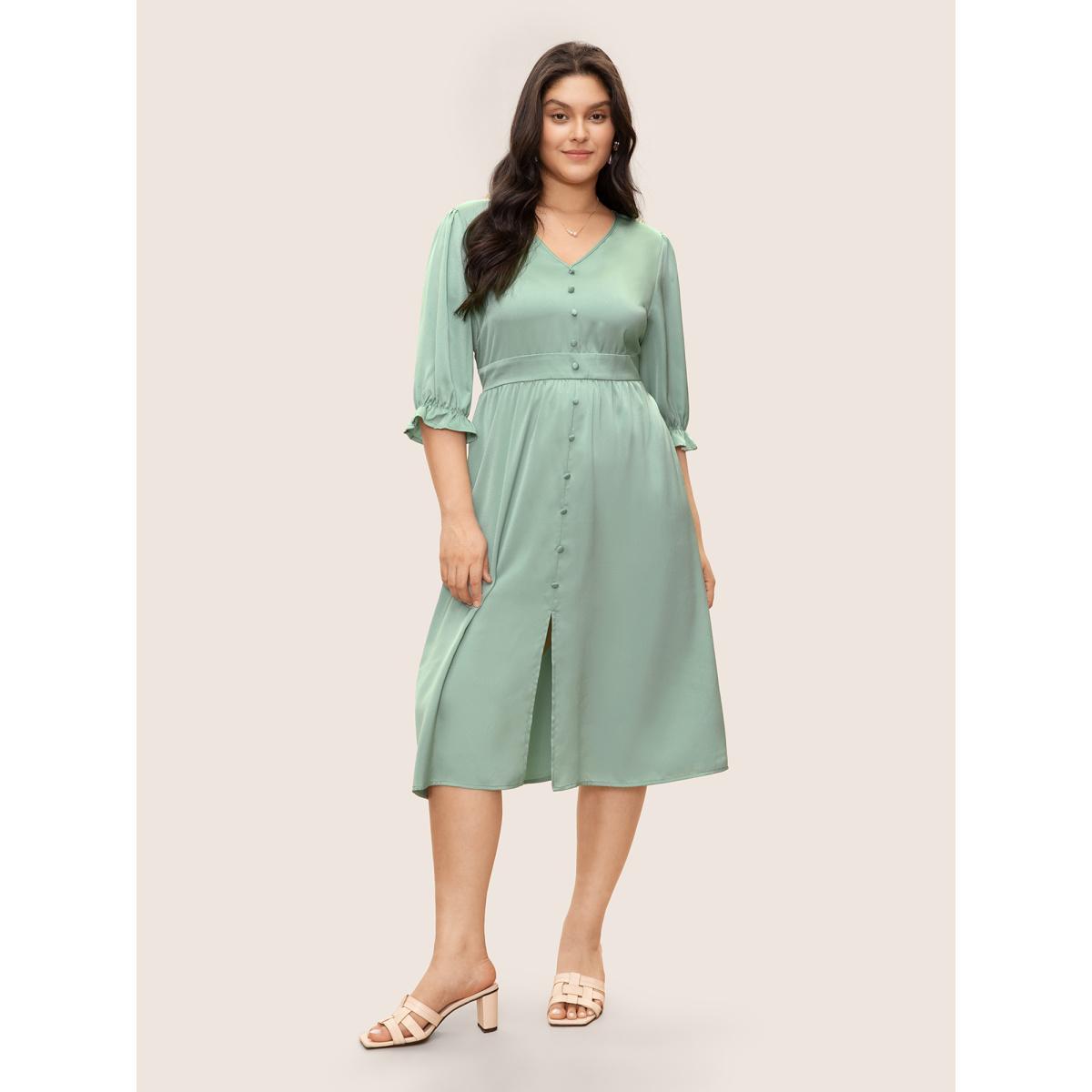 Plus Size Plain Ruffles Button Detail Split Front Satin Dress Turquoise Women Elegant Non V-neck Elbow-length sleeve Curvy Midi Dress BloomChic 14-16/1X Product Image
