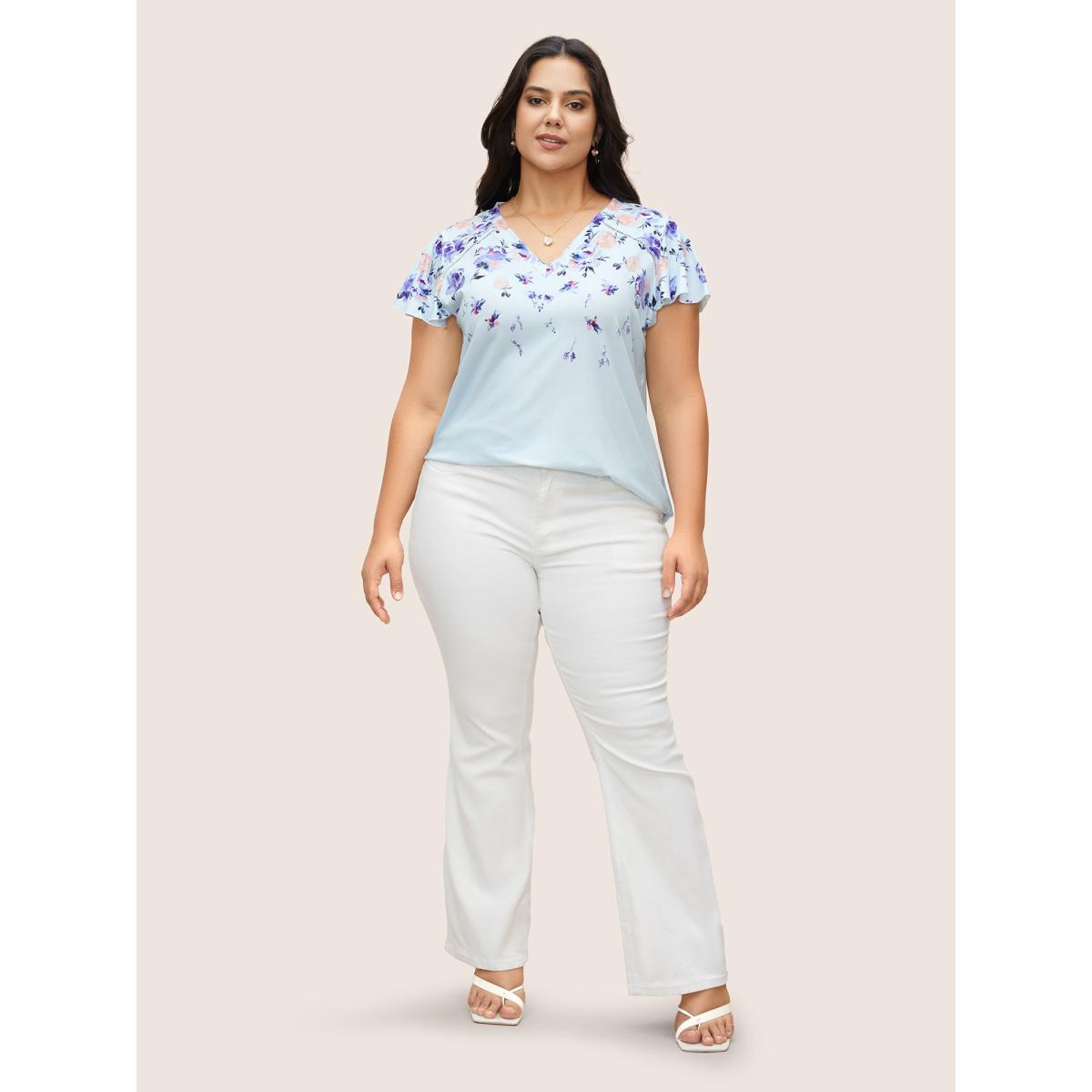 Plus Size Natural Flowers Patchwork Ruffles T-shirt LightBlue Women Elegant Contrast Natural Flowers V-neck Everyday T-shirts BloomChic 30/6X Product Image