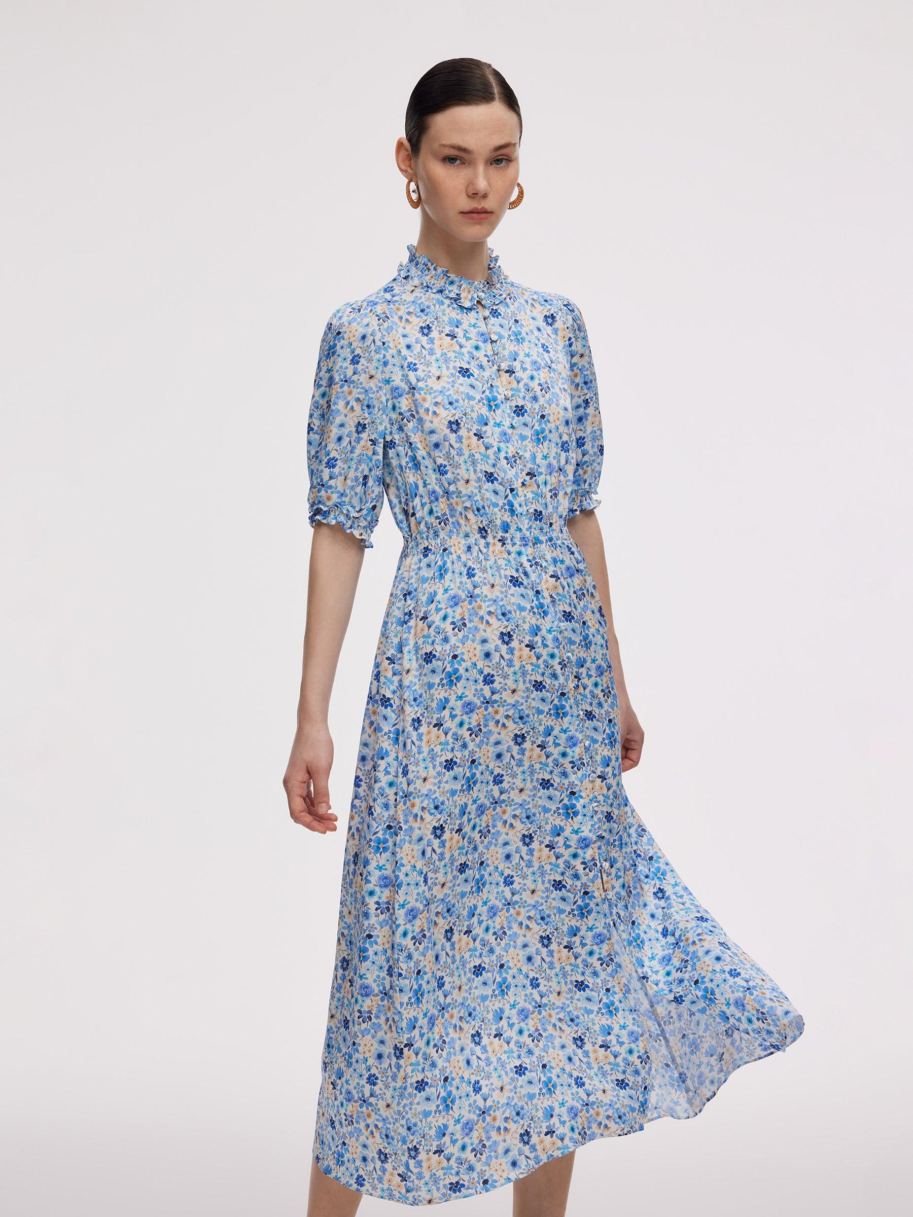 19MM Mulberry Silk Floral Print Ruffle Collar Maxi Dress Product Image