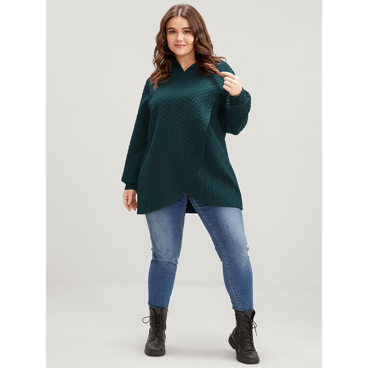 Plus Size Solid Asymmetrical Hem Cable Knit Hooded Sweatshirt Women DarkGreen Lounge Asymmetrical Hooded Everyday Sweatshirts BloomChic 26/4X Product Image