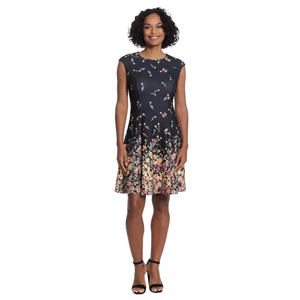 Petite London Times Floral Cap Sleeve Fit & Flare Dress, Women's, Size: 4 Petite, Black Gold Product Image