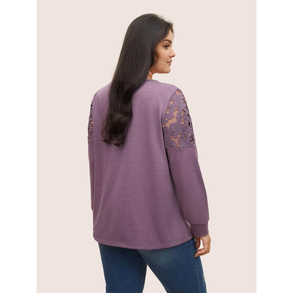 Plus Size Lace Patchwork Embroidered V Neck Sweatshirt Women Mauve Casual Cut-Out V-neck Everyday Sweatshirts BloomChic 18-20/2X Product Image
