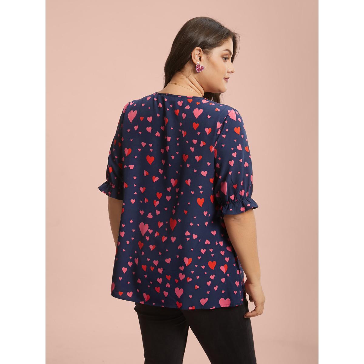 Plus Size Indigo Heart Pattern Button Detail Ruffle Blouse Women Elegant Short sleeve V-neck Everyday Blouses BloomChic 26/4X Product Image