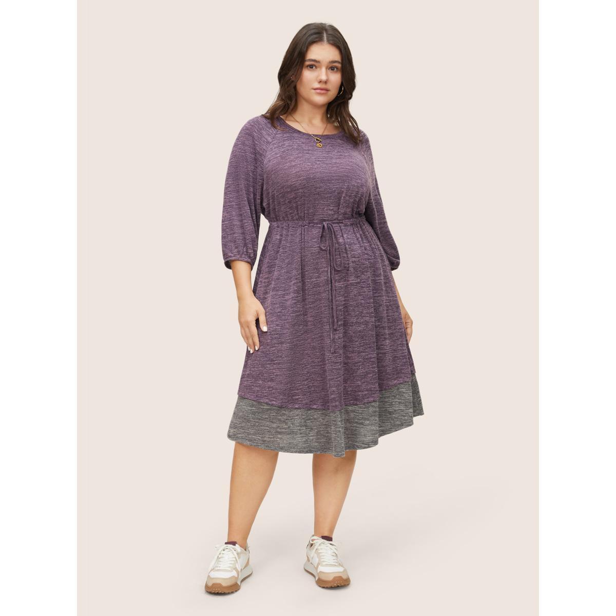 Plus Size Heather Drawstring Pocket Contrast Patchwork Dress Eggplant Women Casual Non Round Neck Elbow-length sleeve Curvy Midi Dress BloomChic 30/6X Product Image