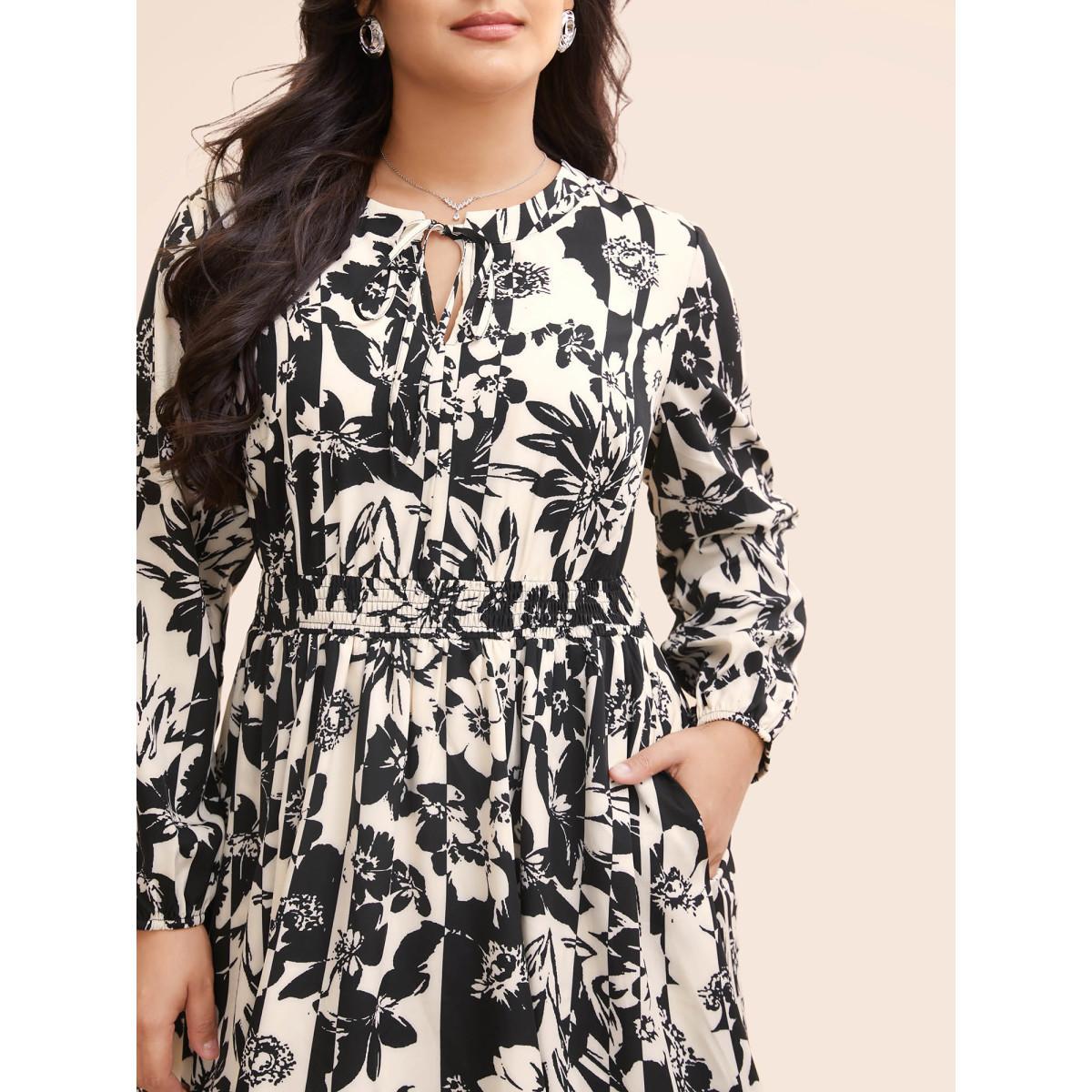 Plus Size Silhouette Floral Print Tie Knot Gathered Dress WhiteSmoke Women Elegant Tie knot V-neck Long Sleeve Curvy BloomChic 14-16/1X Product Image