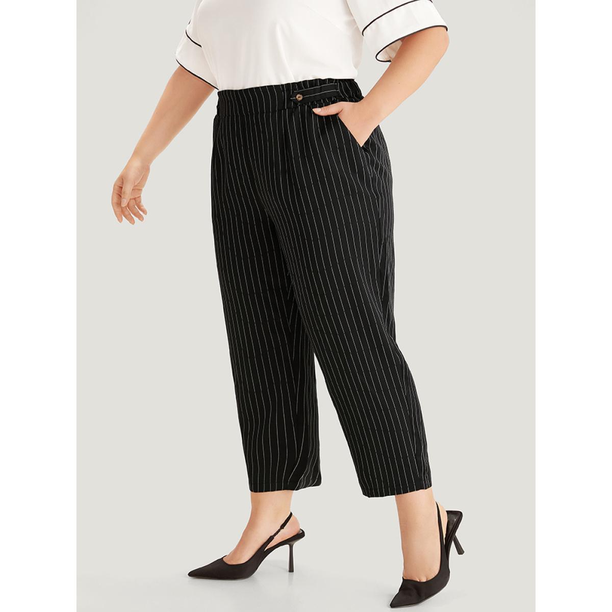 Plus Size Striped Button Detail Pocket Pleated Pants Women Black Office Straight Leg High Rise Work Pants BloomChic 26/4X Product Image