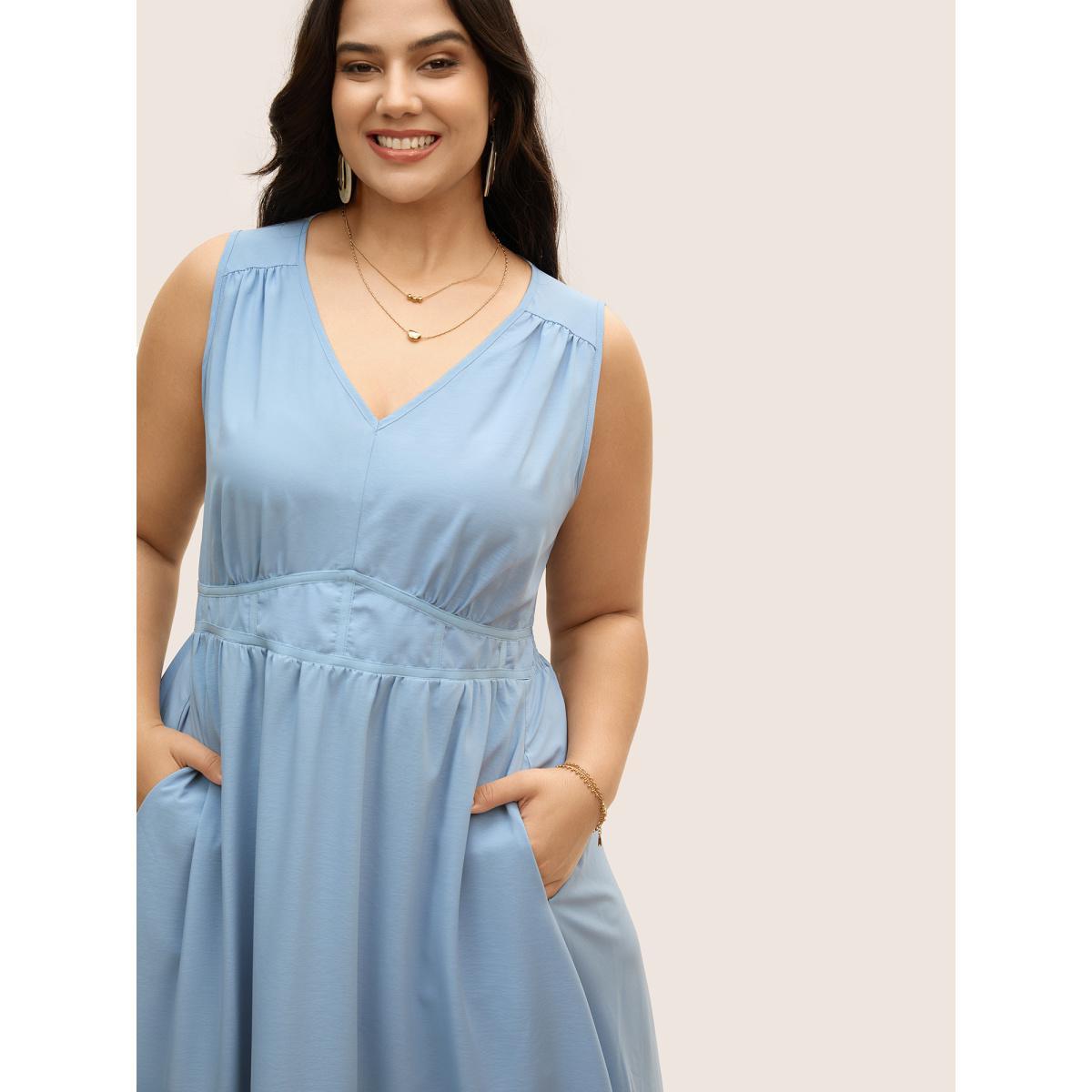 Plus Size Solid Gathered Split Side Tank Maxi Dress LightBlue Women Elegant Gathered V-neck Sleeveless Curvy BloomChic 28/5X Product Image