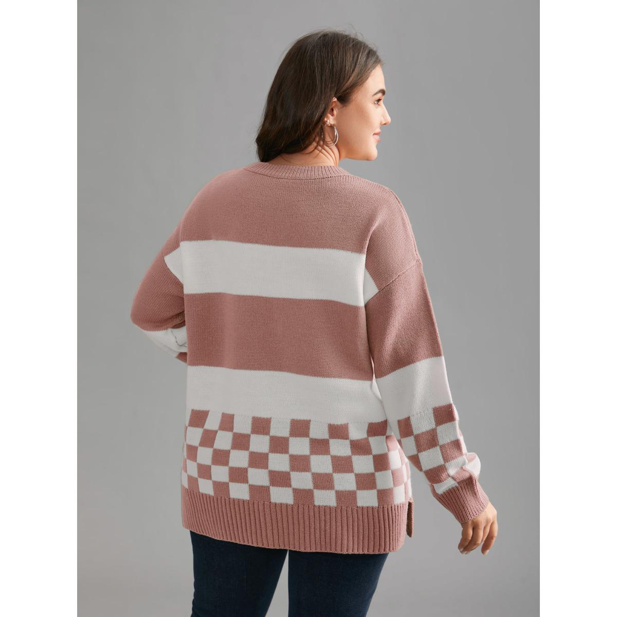 Plus Size Colorblock Contrast Round Neck Split Hem Pullover Crepe Women Casual Loose Long Sleeve Round Neck Everyday Pullovers BloomChic 10/M Product Image