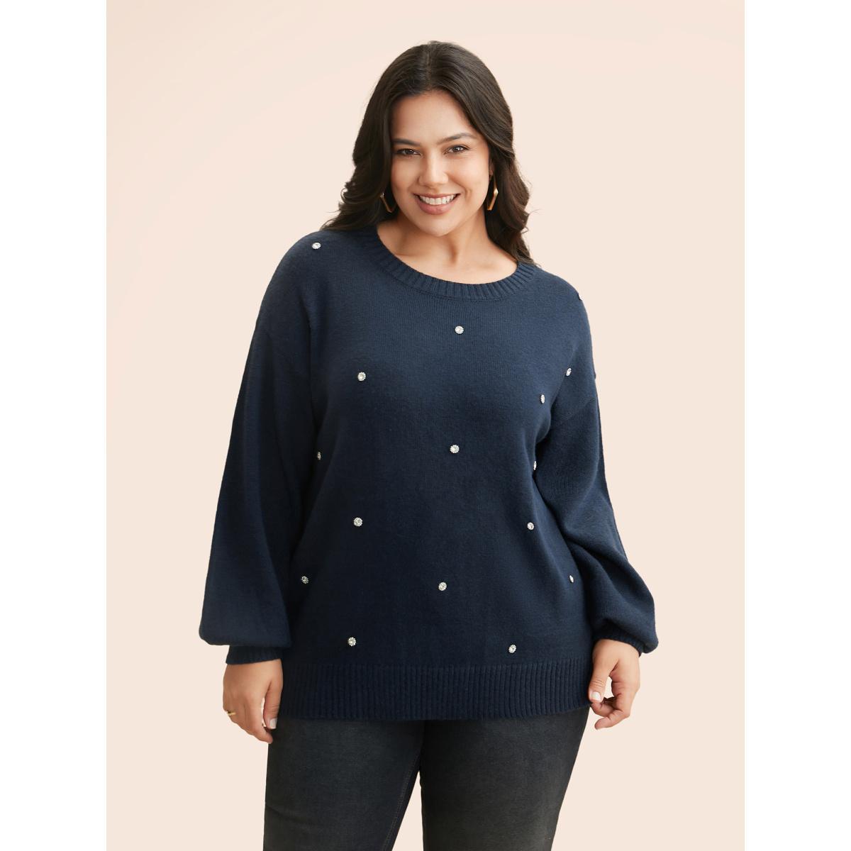 Plus Size Rhinestone Decor Dropped Shoulder Pullover Indigo Women Casual Loose Long Sleeve Round Neck Everyday Pullovers BloomChic 28/5X Product Image