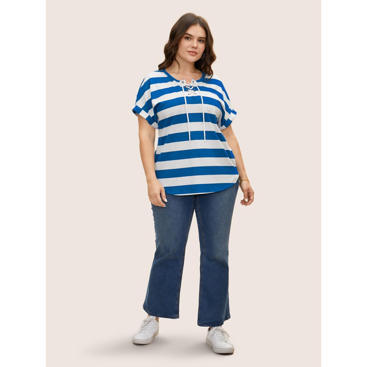 Plus Size Striped Lace Up Arc Hem Batwing Sleeve T-shirt Mediumblue Women Casual Eyelet Round Neck Everyday T-shirts BloomChic 10/M Product Image