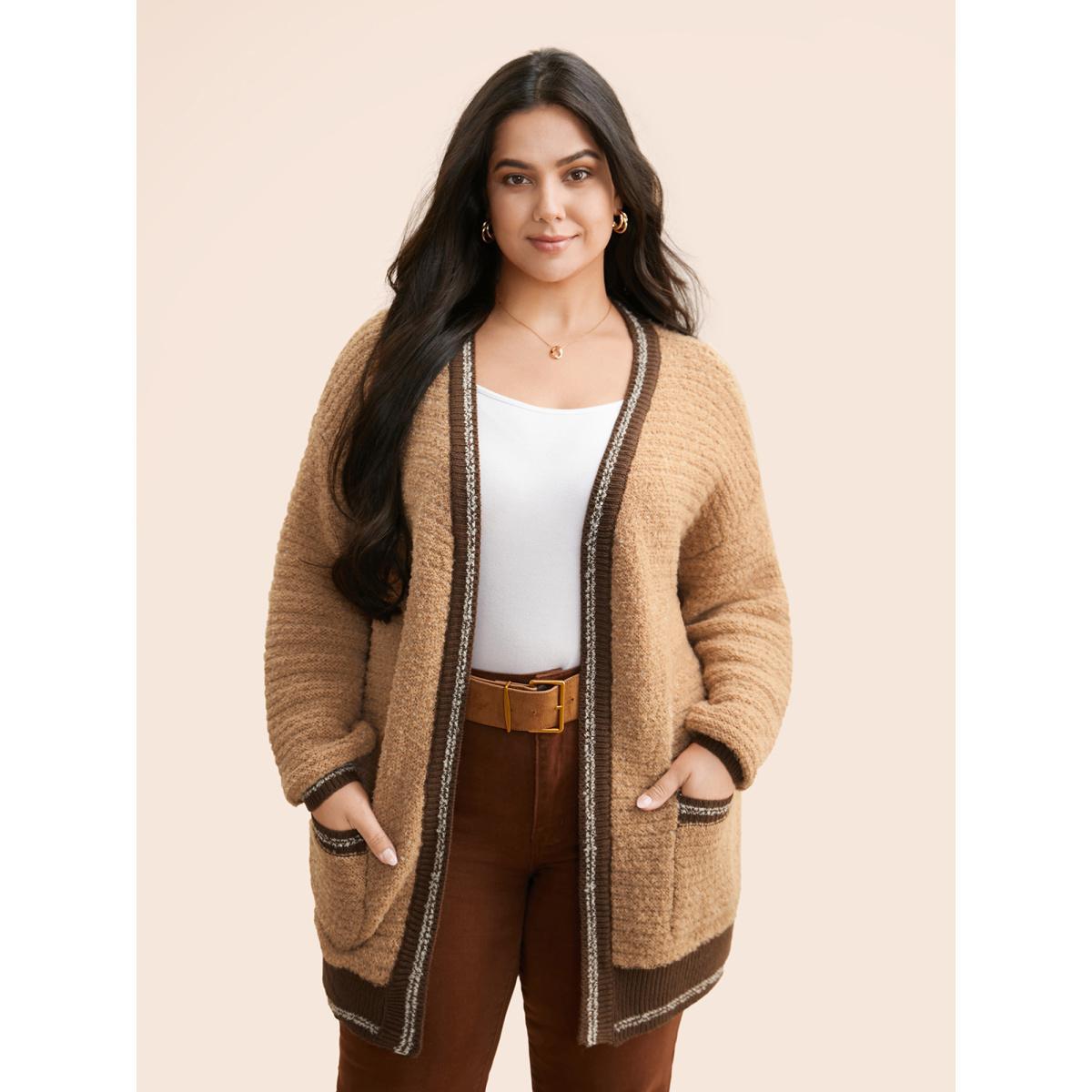 Plus Size Texture Contrast Drop Shoulder Sleeve Cardigan LightBrown Women Casual Loose Long Sleeve Everyday Cardigans BloomChic 14-16/1X Product Image