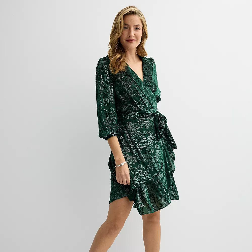 Women's Nanette Lepore Velvet Burnout Wrap Dress with Self Tie Belt, Size: 16, Hunter Green Product Image