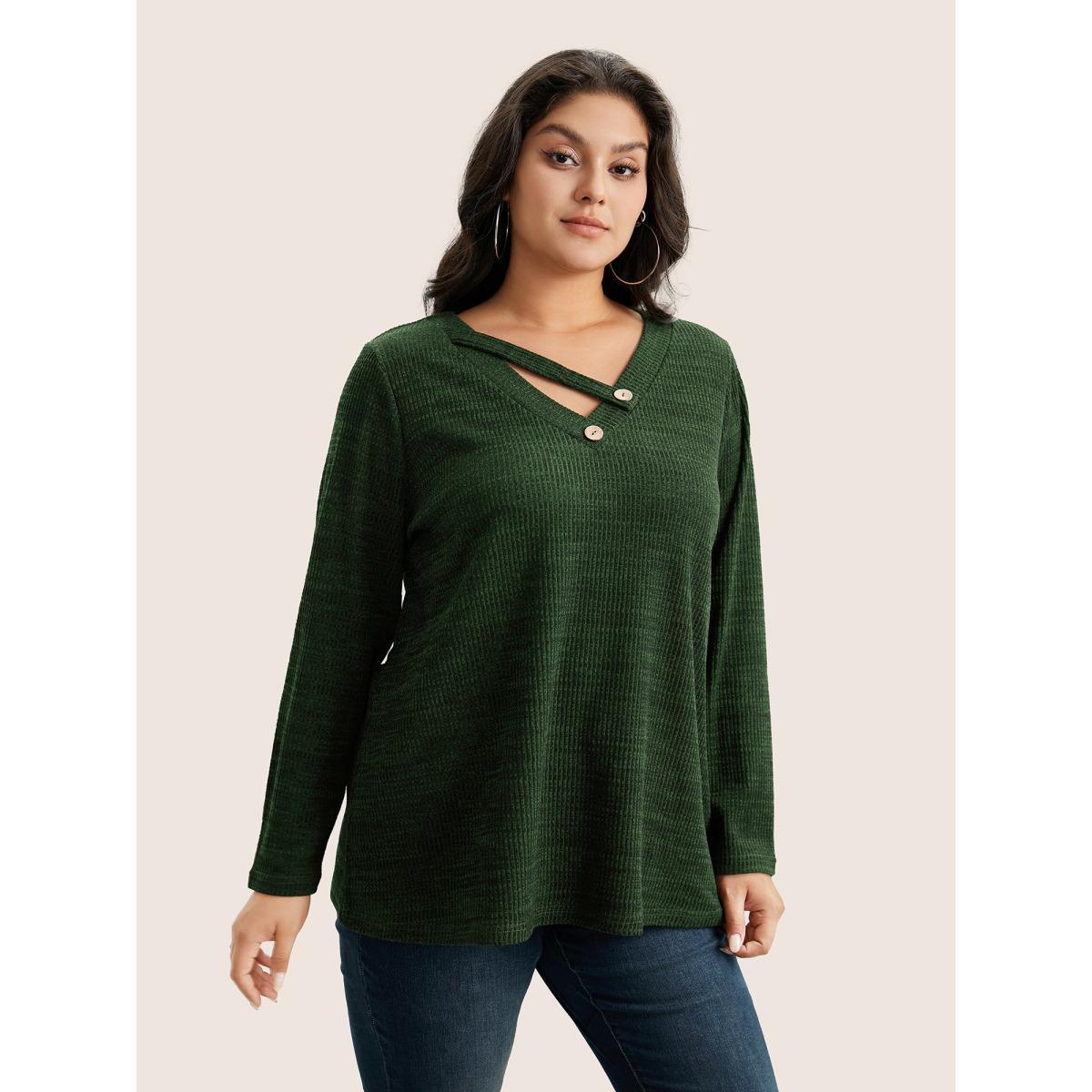 Plus Size Solid Rib Knit Button Detail T-shirt Red Women Casual Non Plain V-neck Everyday T-shirts BloomChic 22-24/3X Product Image