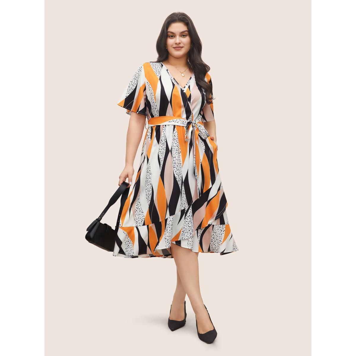 Plus Size Geometric Contrast Overlap Collar Belted Ruffle Sleeve Dress Multicolor Women At the Office Overlapping Overlap Collar Short sleeve Curvy Midi Dress BloomChic 22-24/3X Product Image