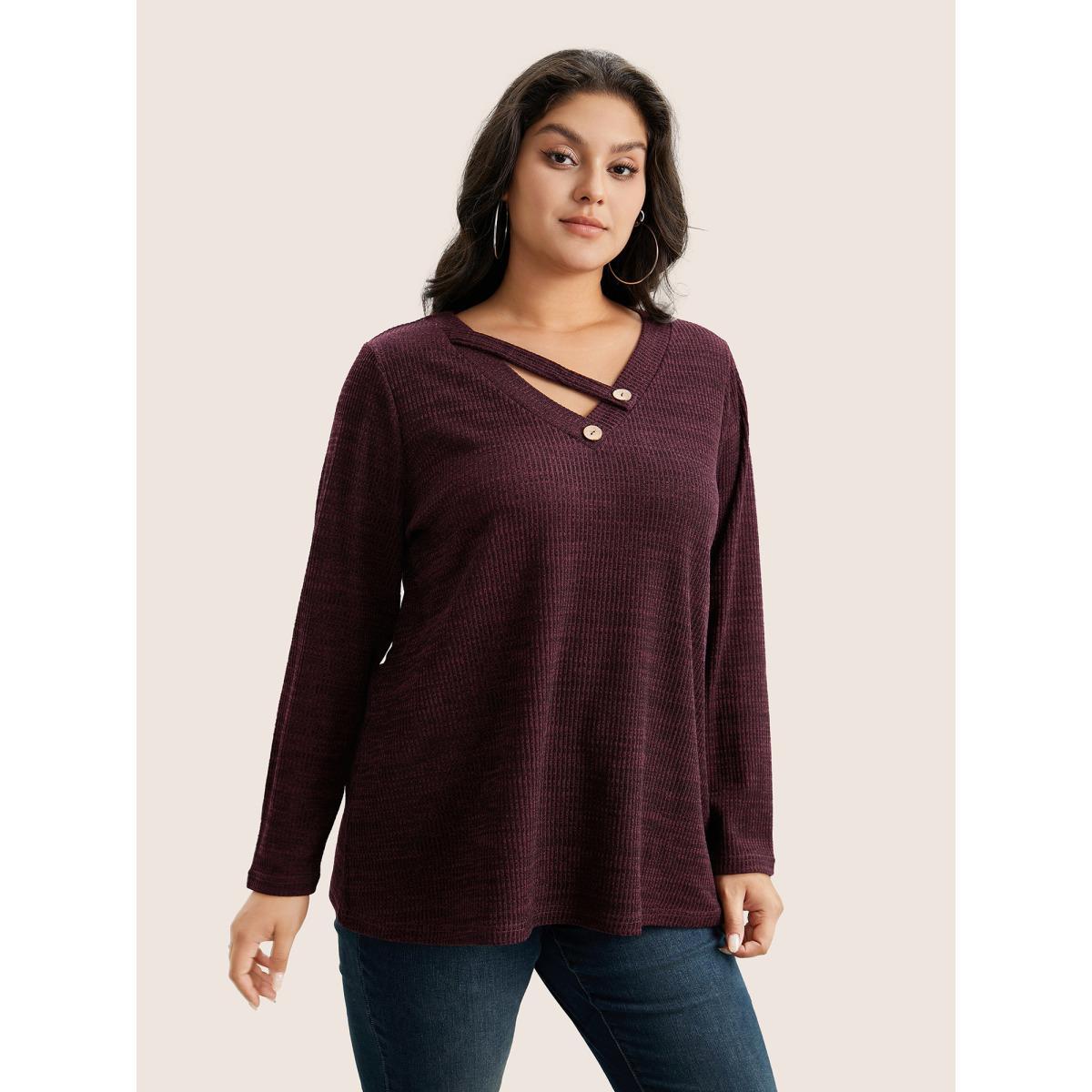 Plus Size Solid Rib Knit Button Detail T-shirt Red Women Casual Non Plain V-neck Everyday T-shirts BloomChic 22-24/3X Product Image