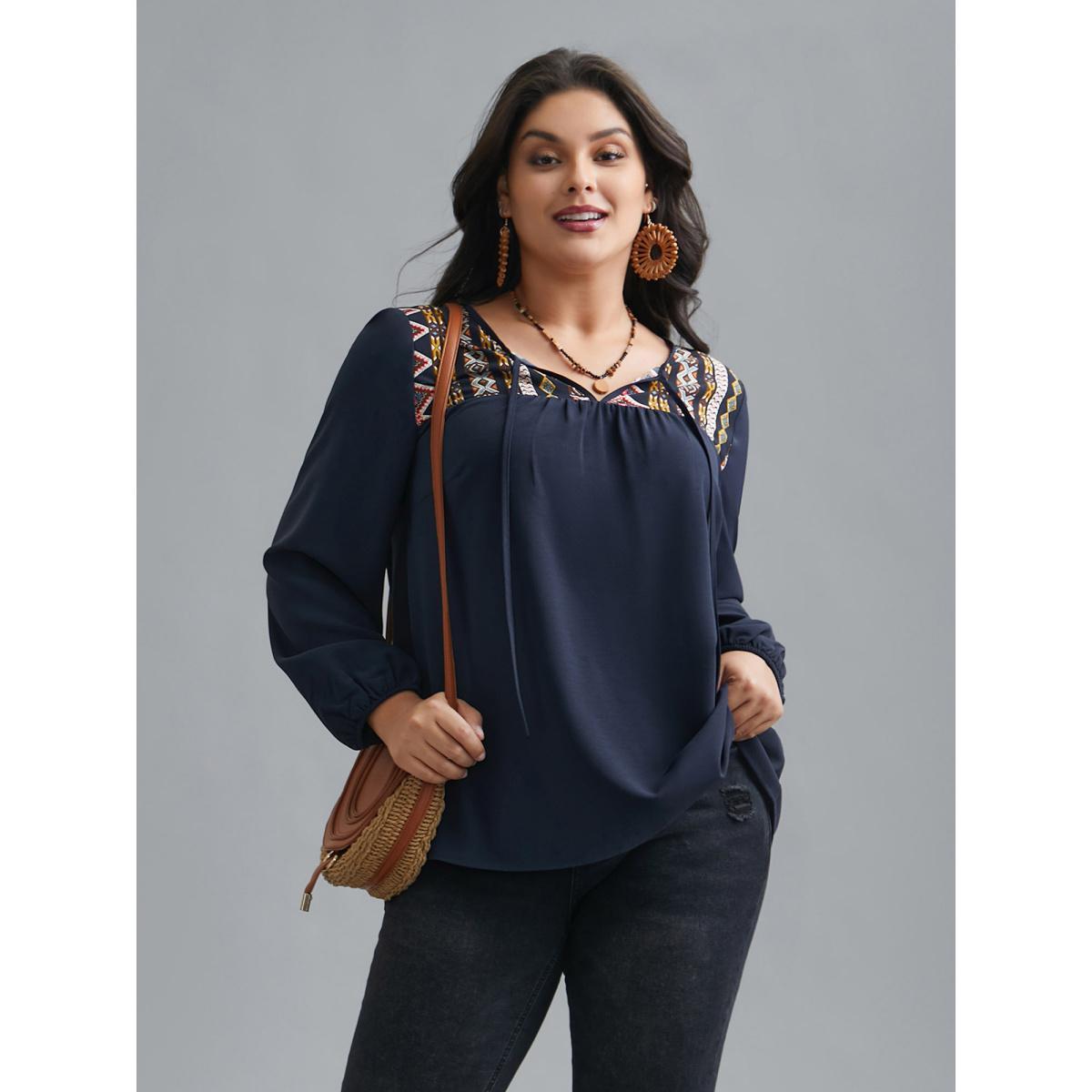 Plus Size Indigo Bandana Print Patchwork Ties Blouse Women Resort Long Sleeve Non Vacation Blouses BloomChic 28/5X Product Image