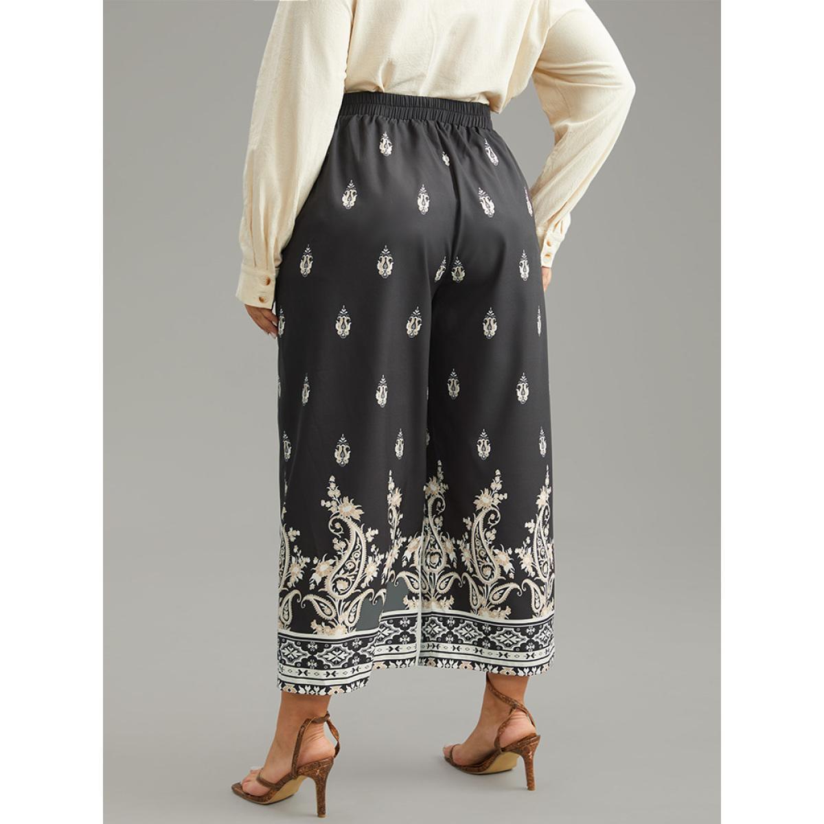 Plus Size Paisley High Rise Elastic Waist Pants Women Black Resort Wide Leg High Rise Vacation Pants BloomChic 14-16/1X Product Image