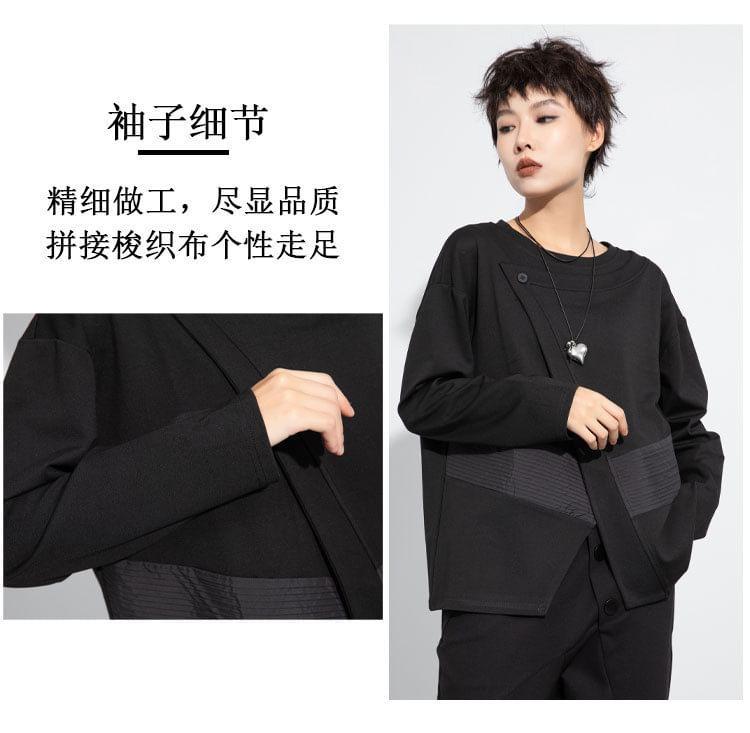 Long Sleeve Crew Neck Plain Panel Pintuck Top Product Image