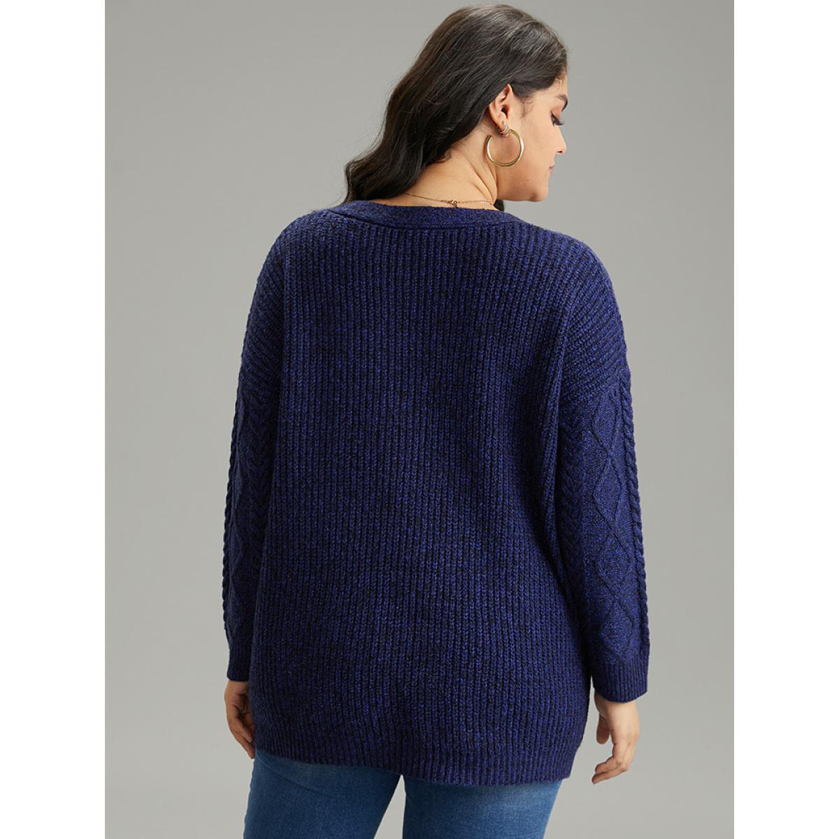 Plus Size Plain Geometric Texture Button Up Cable Knit Cardigan Midnight Women Casual Loose Long Sleeve Dailywear Cardigans BloomChic 30/6X Product Image