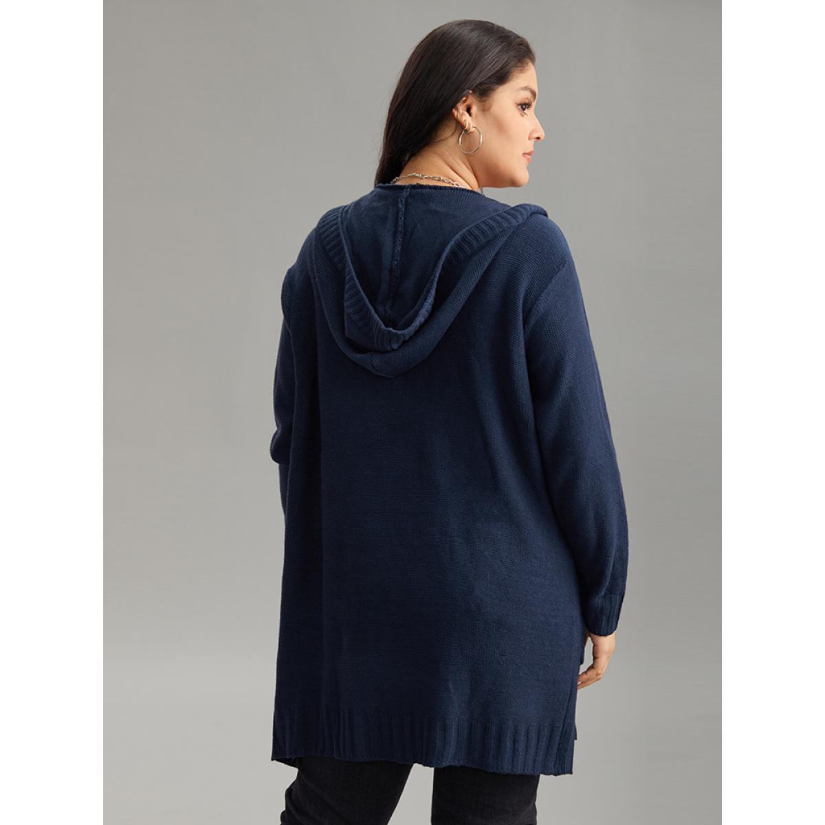 Plus Size Plain Texture Pocket Hooded Cardigan Aegean Women Casual Loose Long Sleeve Dailywear Cardigans BloomChic 12/L Product Image