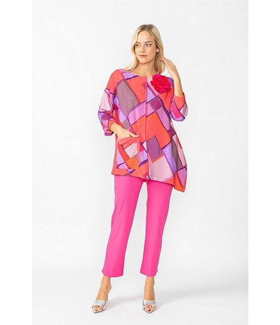 IC Collection Woven Abstract Print Boat Neck 3/4 Sleeve Asymmetrical Hem Tunic Product Image