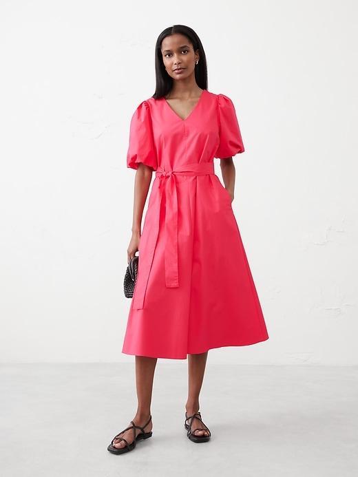 Puff-Sleeve Poplin Midi Dress Product Image