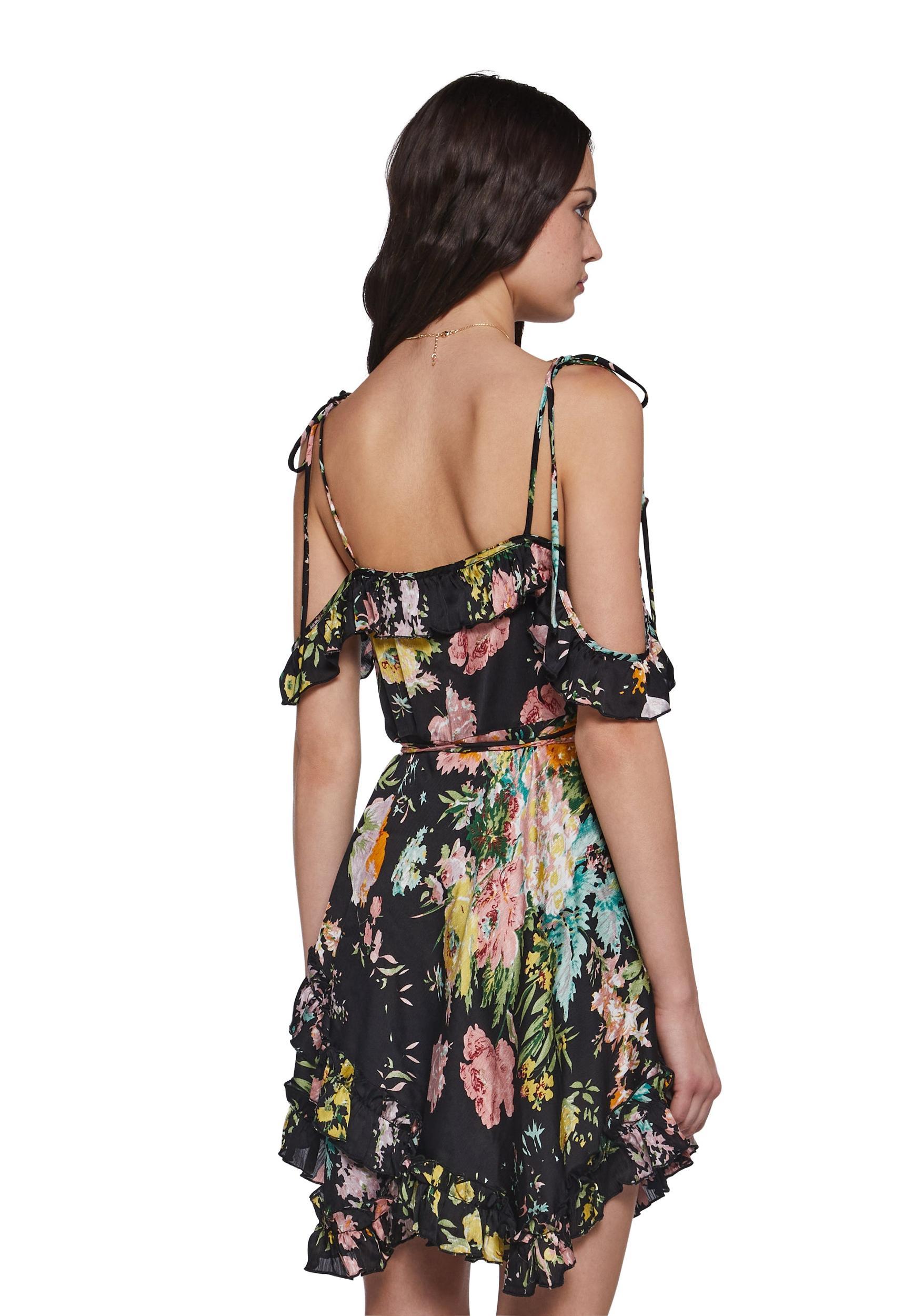 Womens Sheer Floral Chiffon Ruffled Wrap Dress Current Mood - Black Product Image