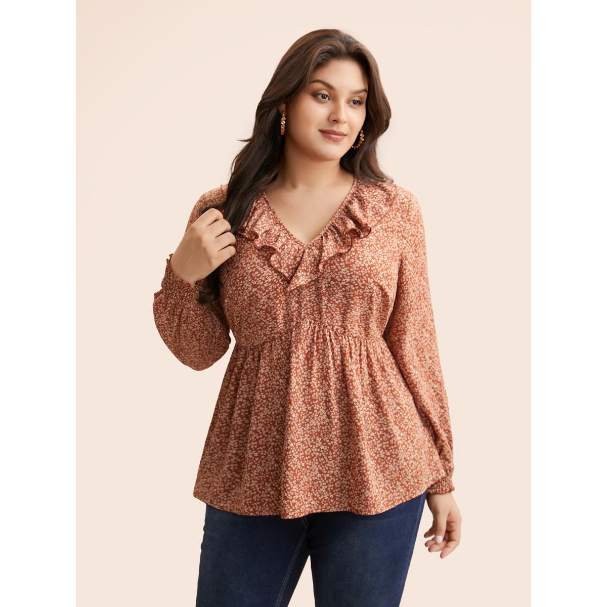 Plus Size Rust Ditsy Floral Ruffle Trim Shirred Blouse Women Elegant Long Sleeve V-neck Everyday Blouses BloomChic 12/L Product Image