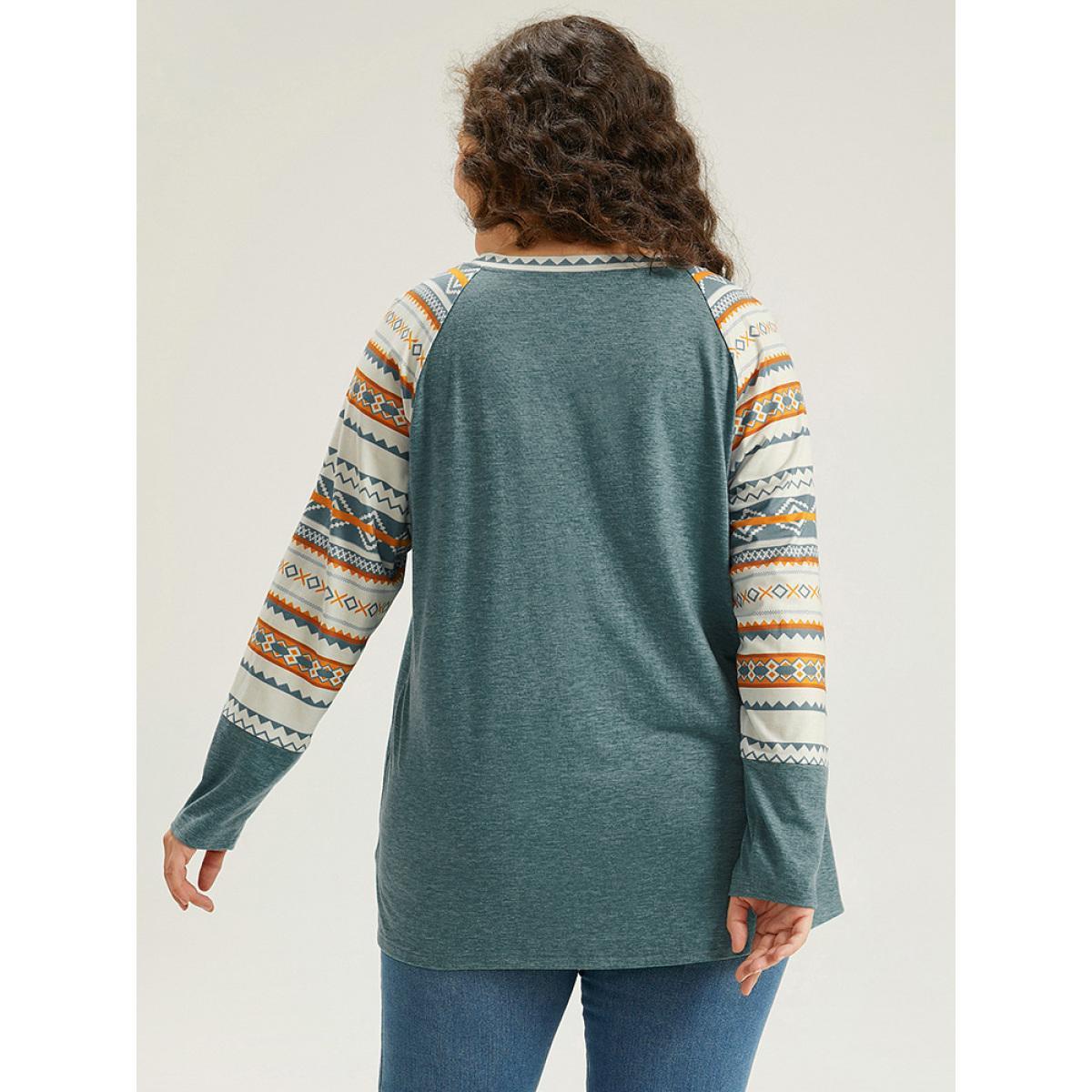 Plus Size Boho Print Raglan Sleeve T-shirt Green Women Casual Printed Bohemian Print Round Neck Dailywear T-shirts BloomChic 18-20/2X Product Image