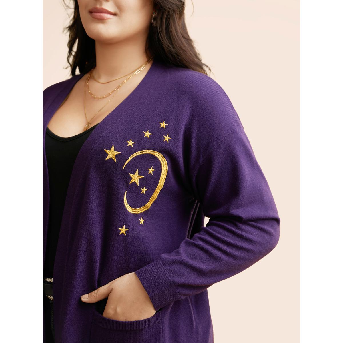 Plus Size Supersoft Essentials Celestial Embroidered Cardigan Eggplant Women Casual Loose Long Sleeve Everyday Cardigans BloomChic 12/L Product Image