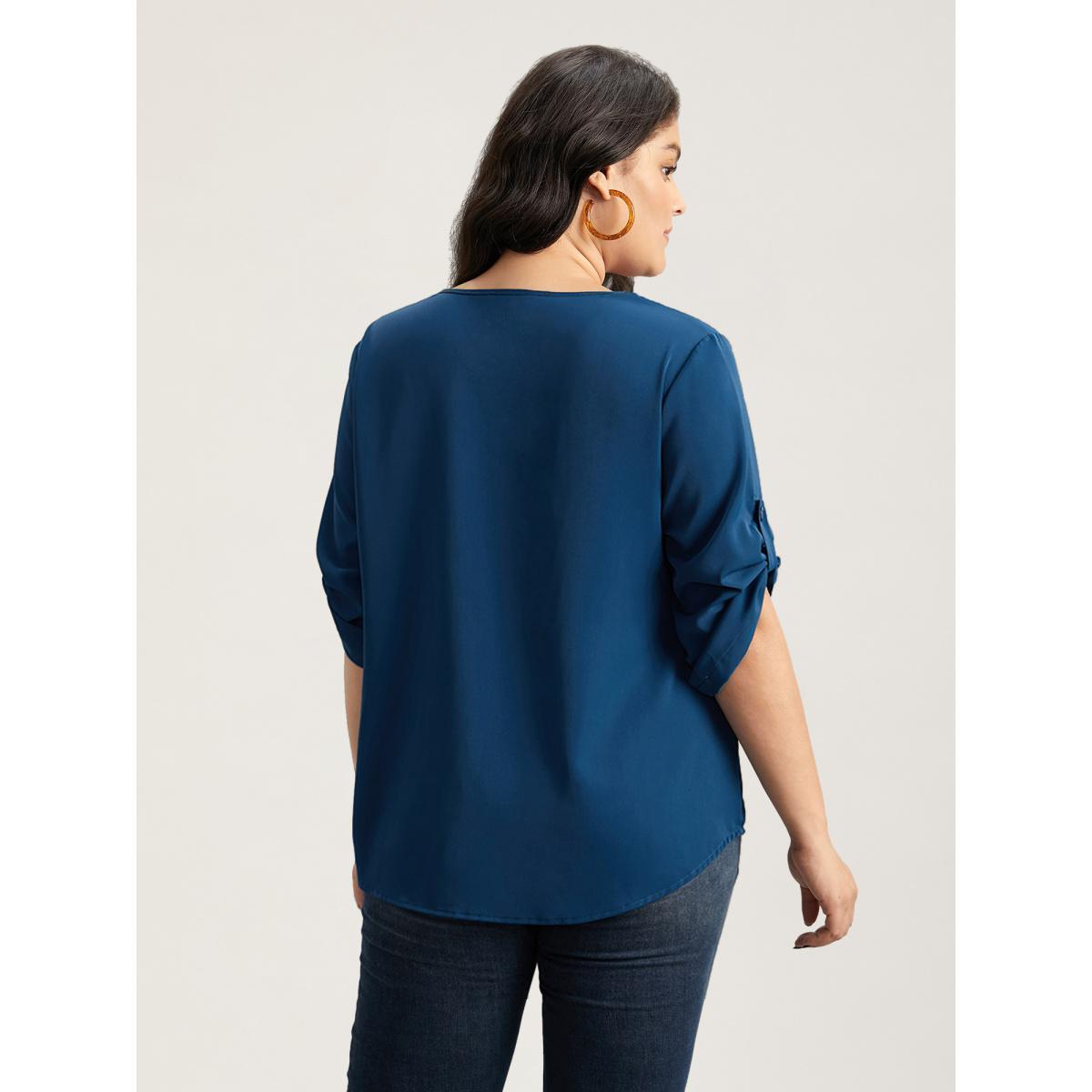 Plus Size Cyan V Neck Plain Pleated Tab Sleeve Blouse Women At the Office Elbow-length sleeve V-neck Work Blouses BloomChic 14-16/1X Product Image