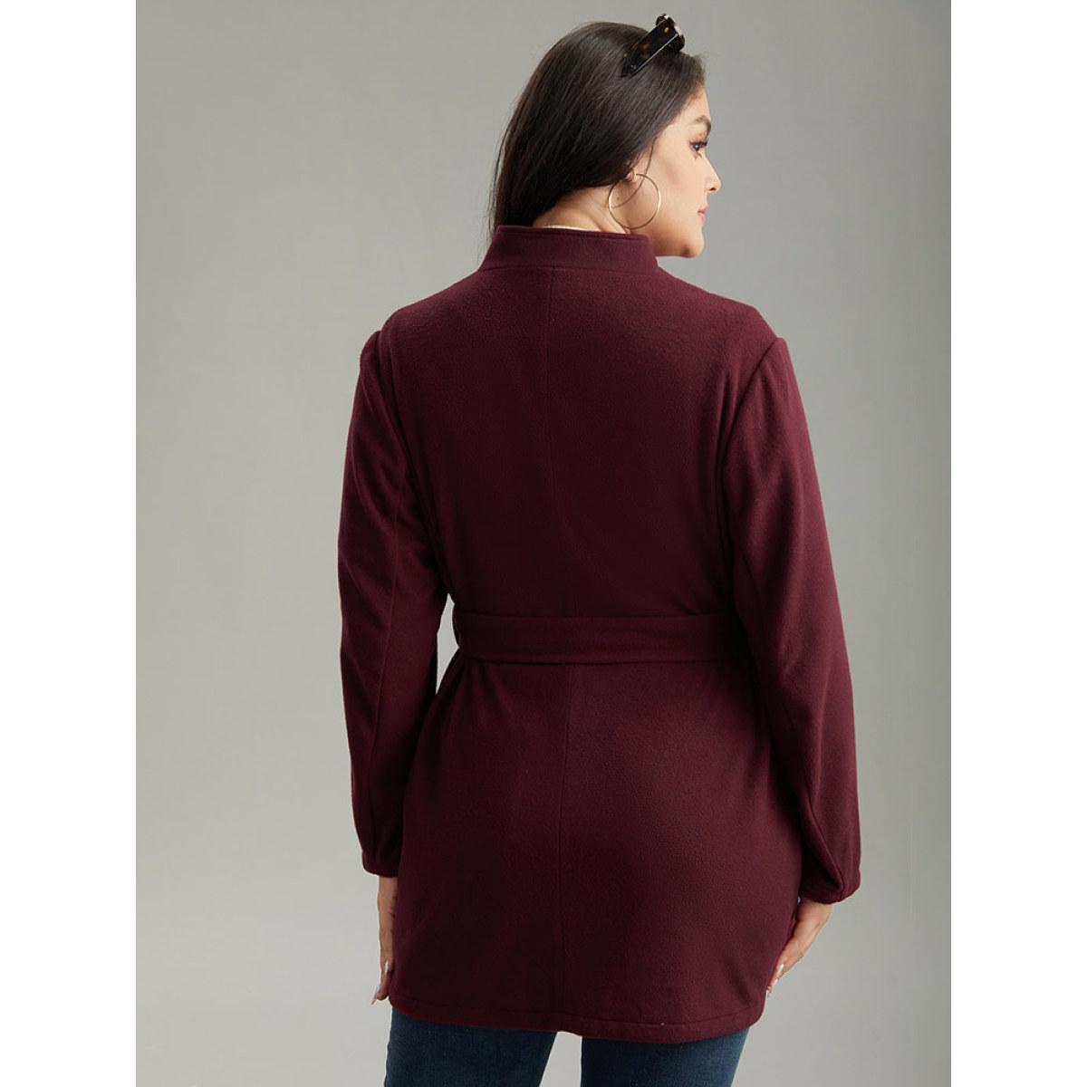 Plus Size Solid Button Fly Stand Collar Belted Pocket Coat Women Burgundy Casual Plain Ladies Everyday Winter Coats BloomChic 18-20/2X Product Image