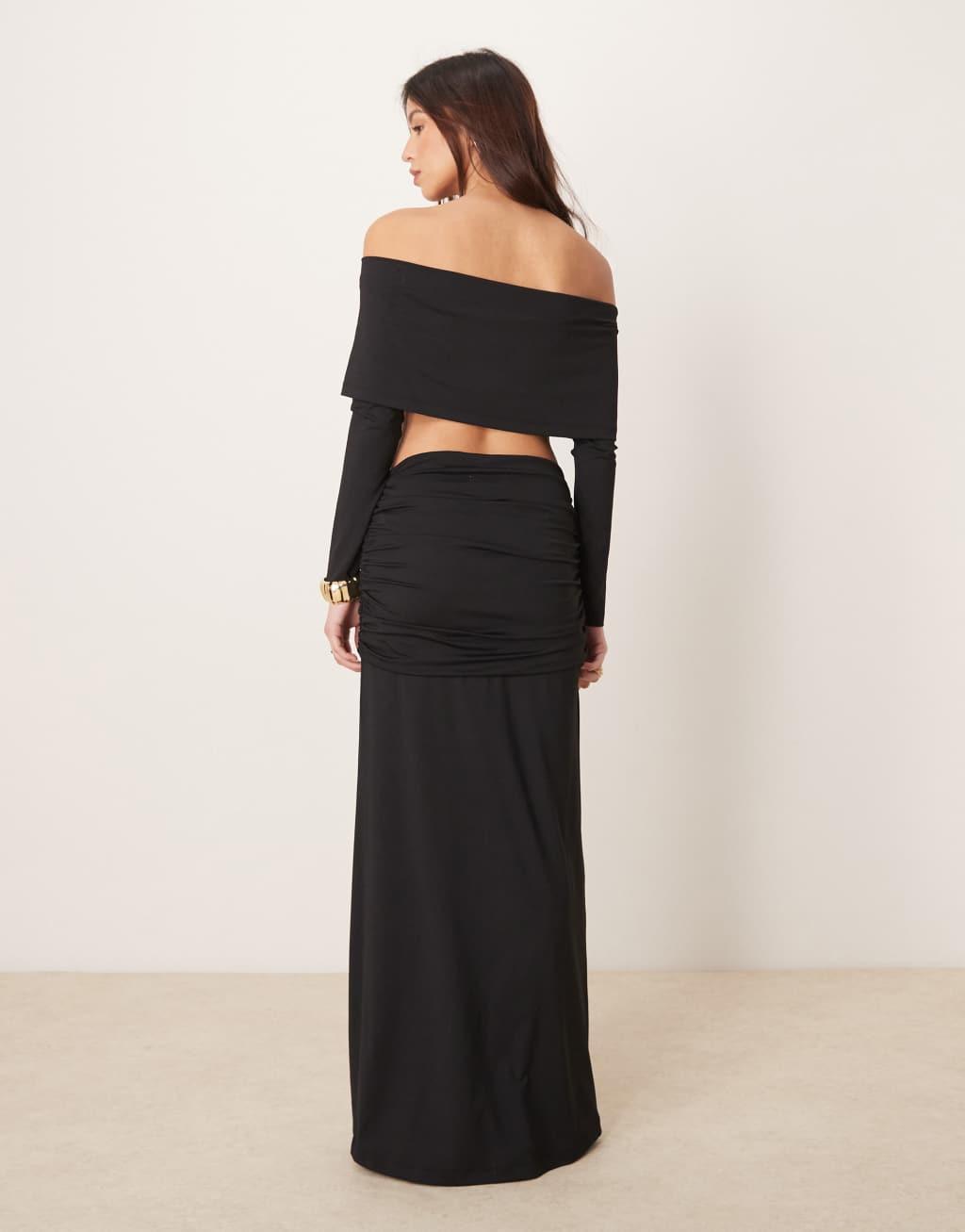 ASOS DESIGN ruched maxi skirt mesh with gathered v waist in black - part of a set Product Image