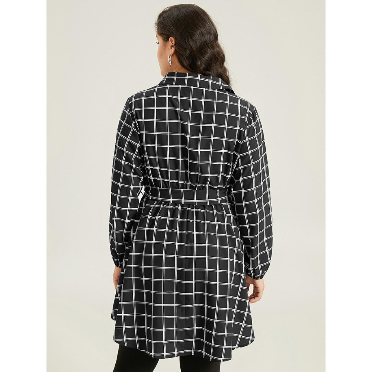 Plus Size Black Plaid Button Up Belted High Low Hem Blouse Women Office Long Sleeve Shirt collar Work Blouses BloomChic 30/6X Product Image