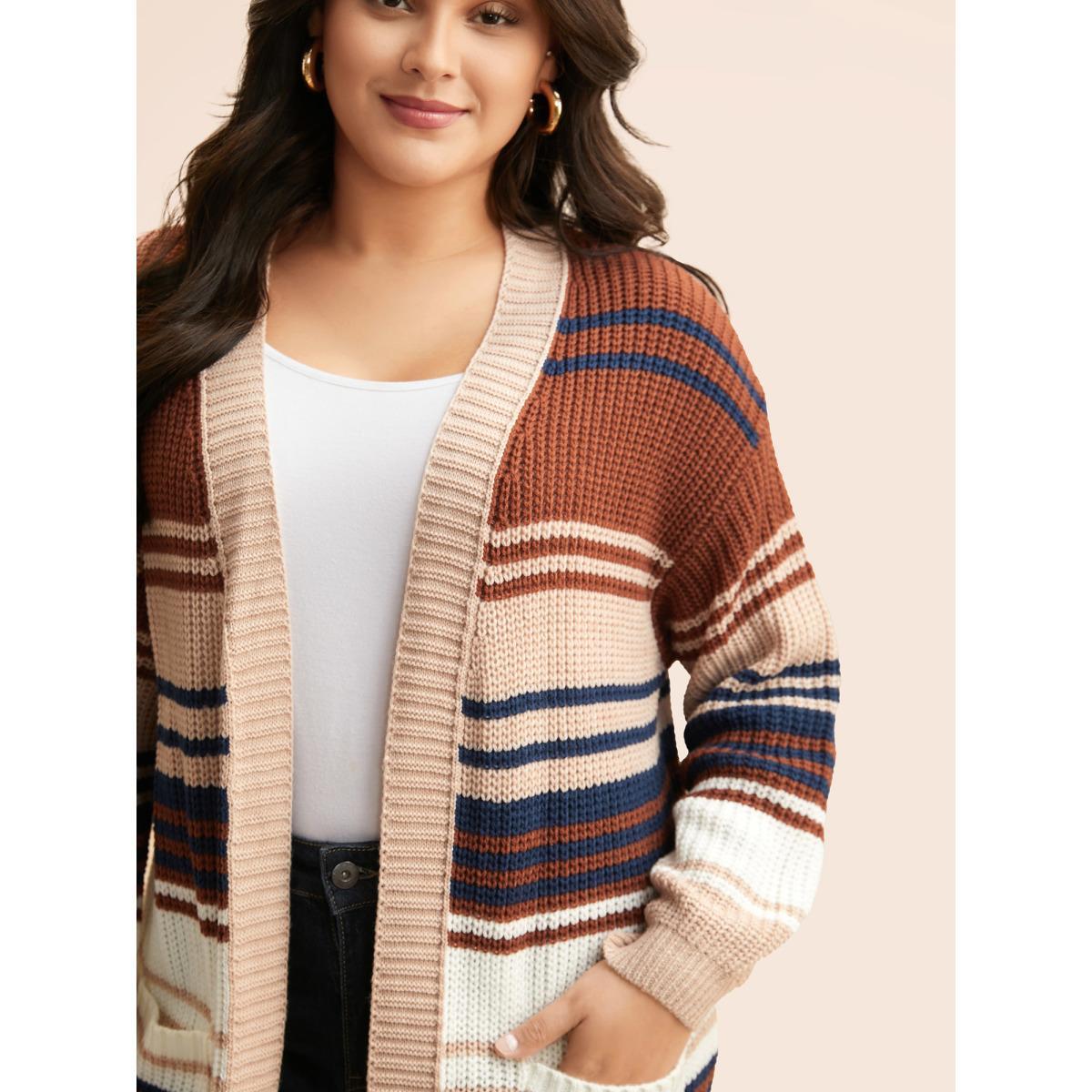 Plus Size Contrast Striped Pocket Drop Shoulder Cardigan Browncoffeecolor Women Casual Loose Long Sleeve Everyday Cardigans BloomChic 12/L Product Image