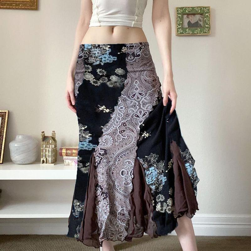 Low Rise Floral Mesh Panel Midi A-Line Skirt Product Image