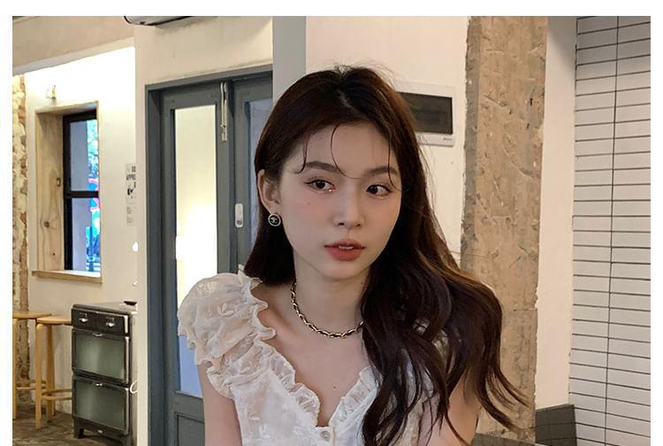 Puff Sleeve V-Neck Embroidered Ruffle Blouse Product Image