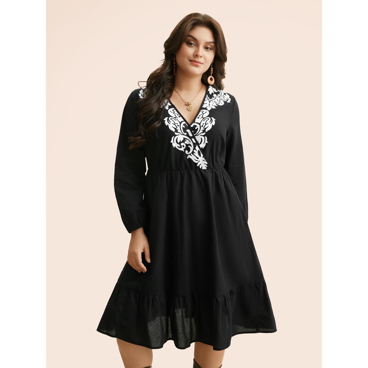 Plus Size Boho Print Overlap Collar Midi Dress Black Women Resort Non Overlap Collar Long Sleeve Curvy BloomChic 10/M Product Image