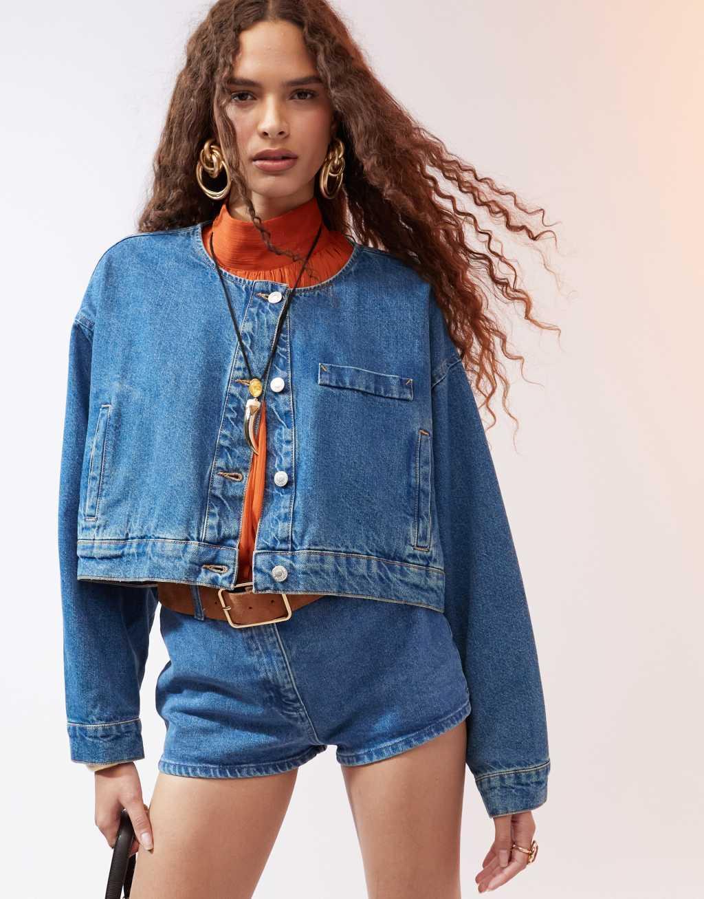 ASOS DESIGN collarless denim jacket in mid blue - part of a set Product Image