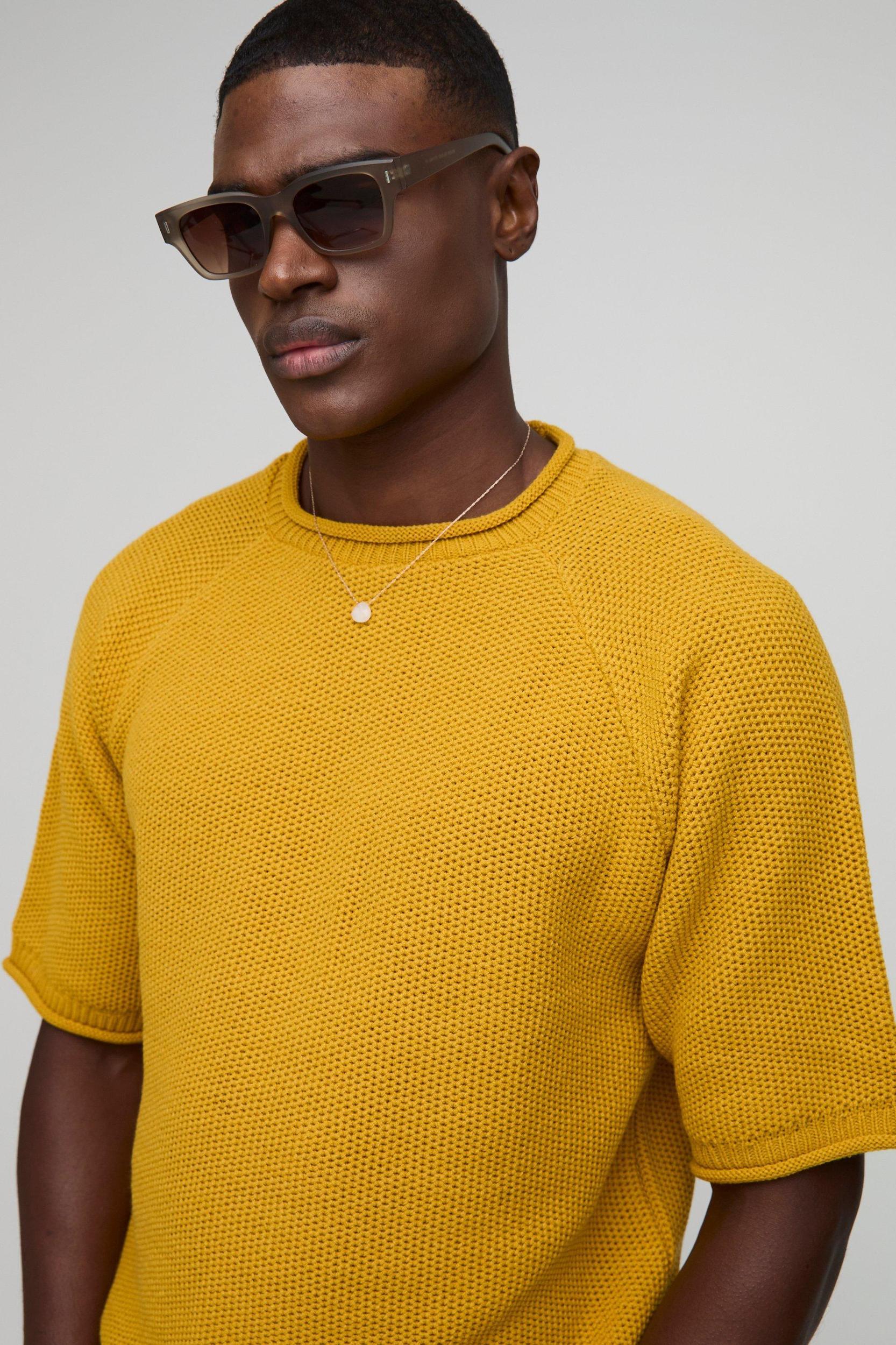 Regular Fit Waffle Raw Trim Knitted T-Shirt | boohooMAN USA Product Image