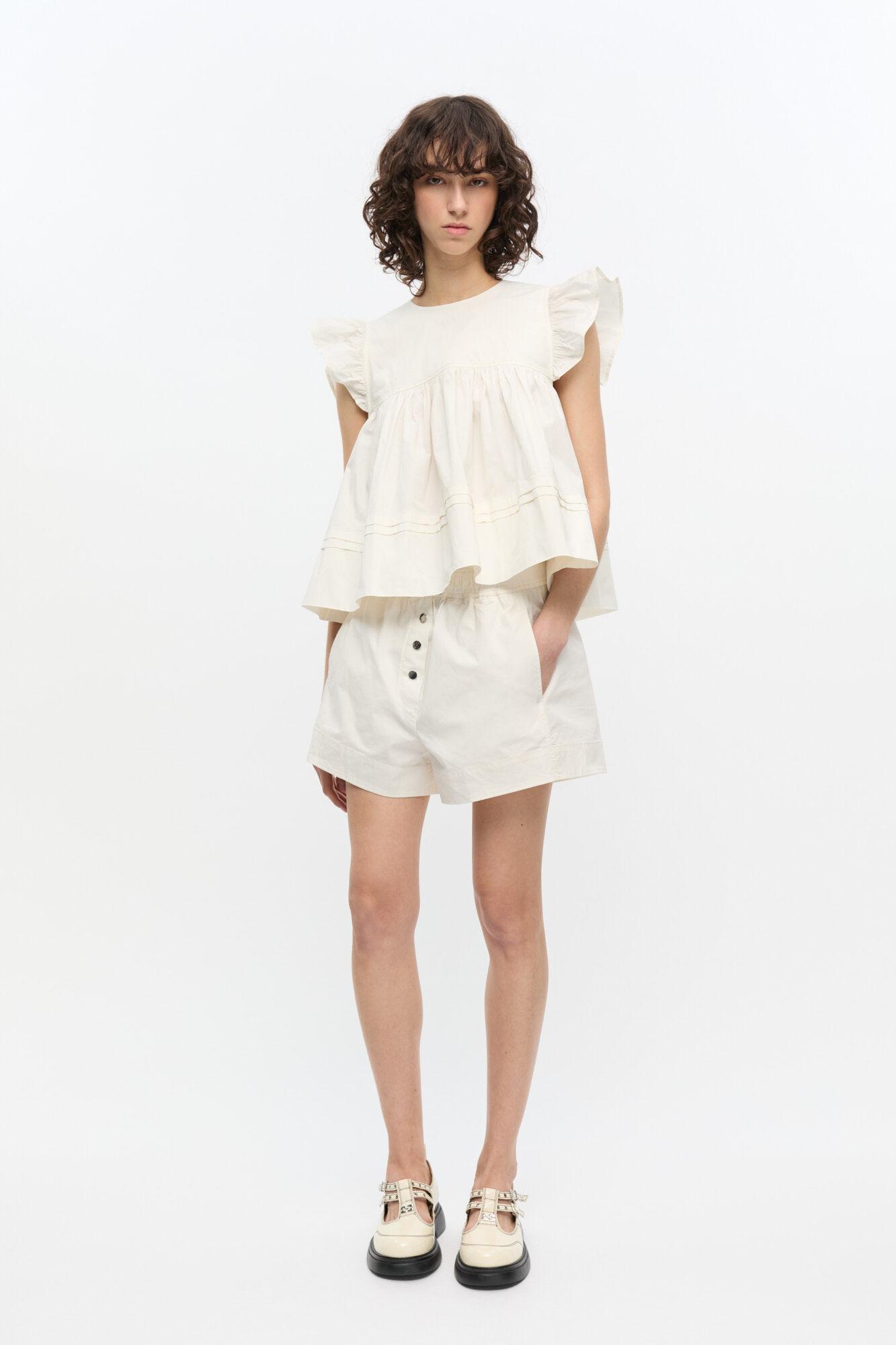 White Stretch Cotton Frill Sleeve Top Product Image