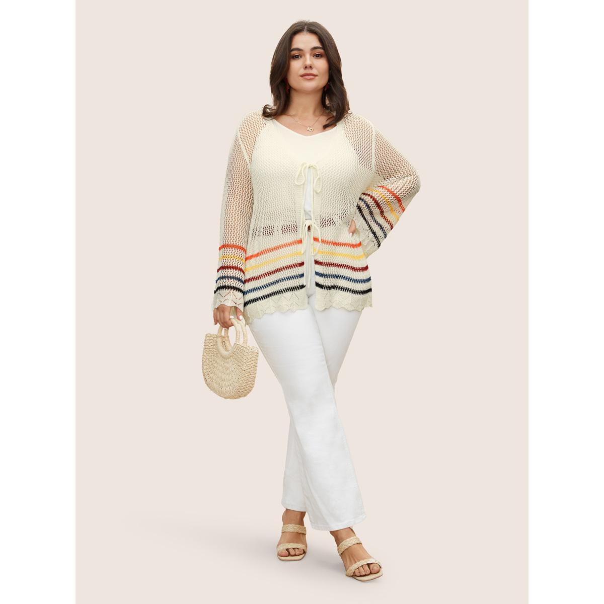 Plus Size Colored Striped Cut Out Tie Knot Coat Women Originalwhite Casual Tie knot Loose Ladies Everyday Winter Coats BloomChic 14-16/1X Product Image