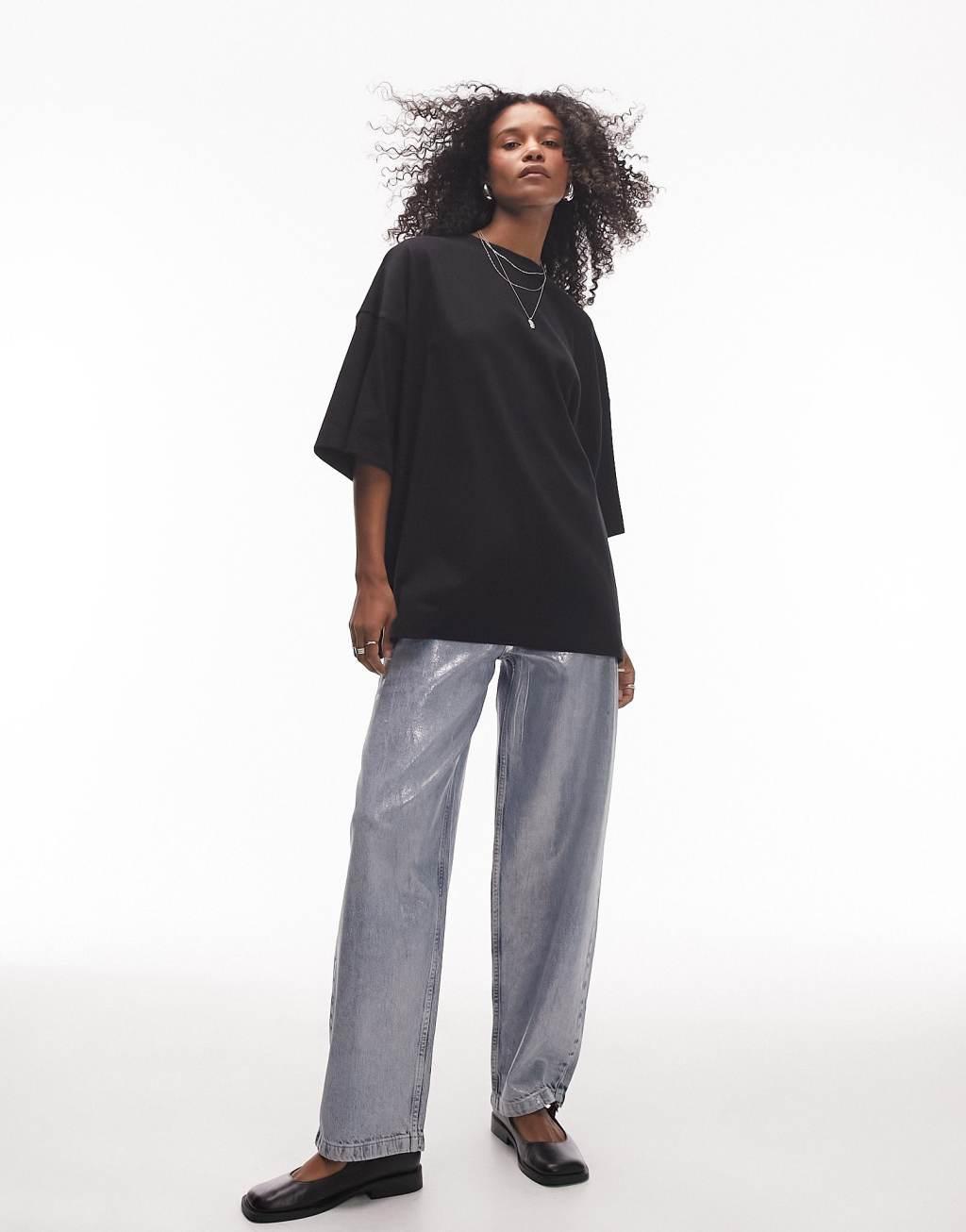 Topshop oversized drop shoulder tee in black Product Image