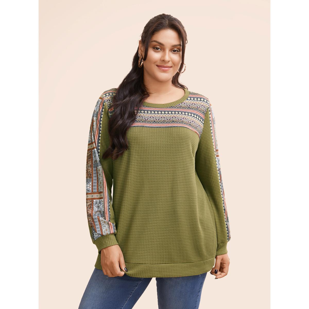 Plus Size Boho Print Patchwork Waffle Knit Crew Neck Sweatshirt Women ArmyGreen Casual Elastic cuffs Round Neck Dailywear Sweatshirts BloomChic 30/6X Product Image